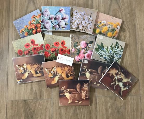 Картины маленькие 13х18 принт на холсте цветы кошка тигр + мольберты