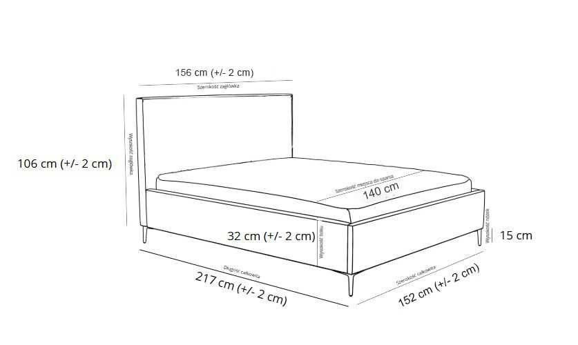 Łóżko tapicerowane na nóżkach z pojemnikiem na pościel 140x200