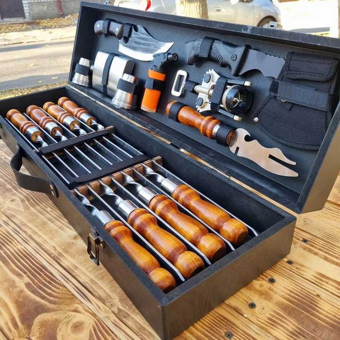 Топ продаж! Набіри шампурів у дерев'яних кейсах Подарок Набор шампуров