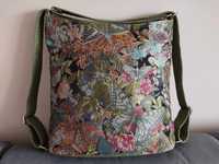 Torebko-plecak oliwkowa ekoskóra motylowy plecione paski handmade