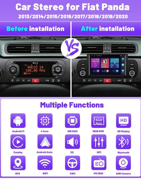 Rádio Fiat Panda 2013 a 2020 android 13 6,2" Carplay GPS 2/64GB NOVO