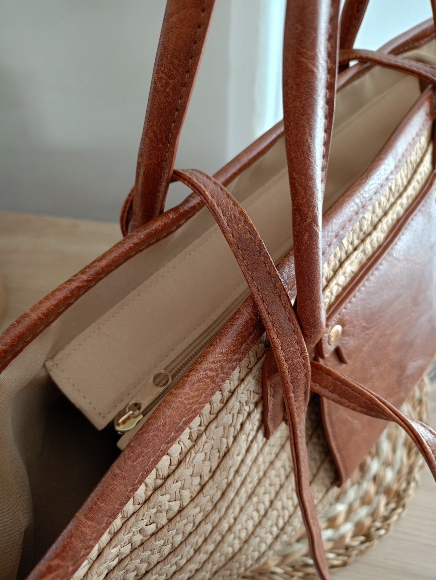 Torebka shopperka pleciona na wiosnę lato na plażę brązowa Boho