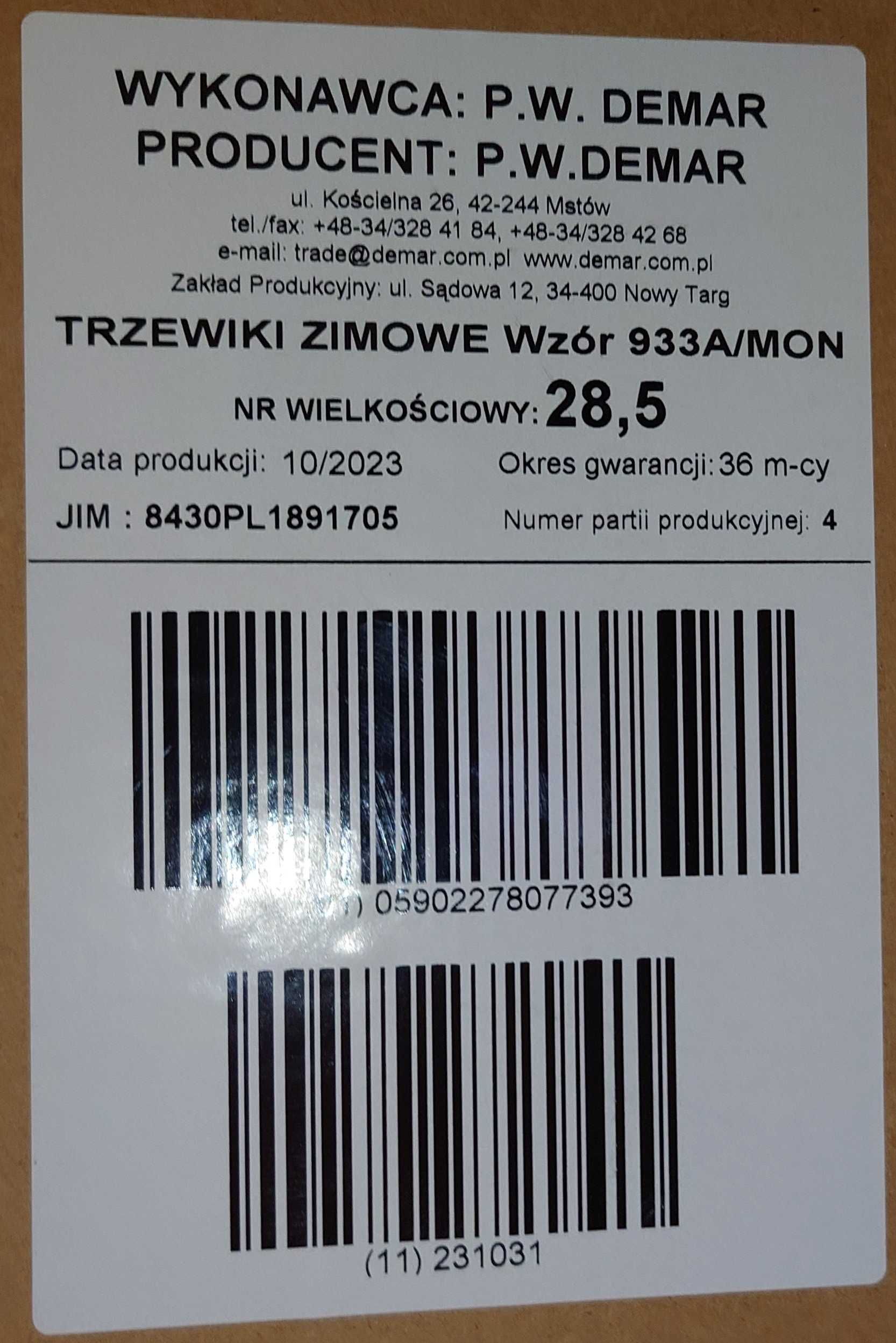 Buty Wojskowe Trzewiki Zimowe P.W. 933AMON Roz 28.5 wz 2023 44 NOWE