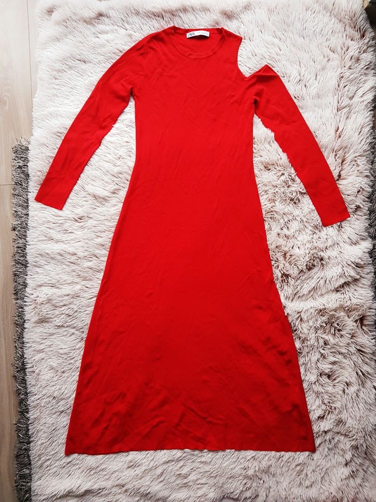 Nowa czerwona sukienka midi z długim rękawem Zara M/L