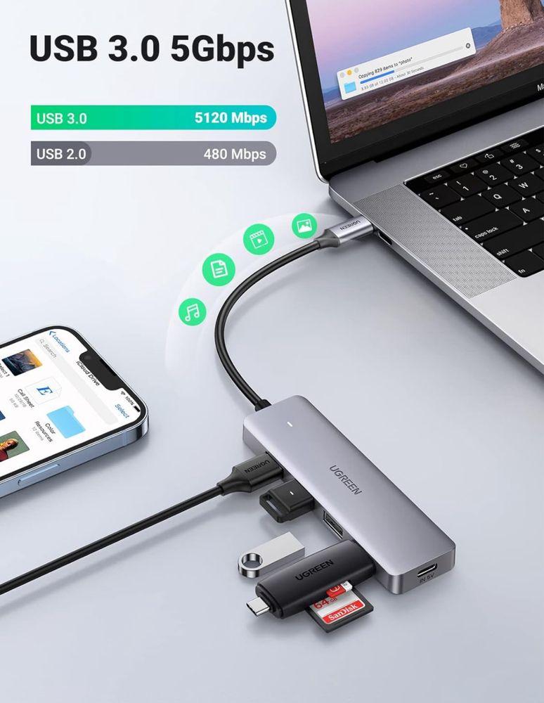 UGREEN Hub USB C para USB 3.0 4 portas USB