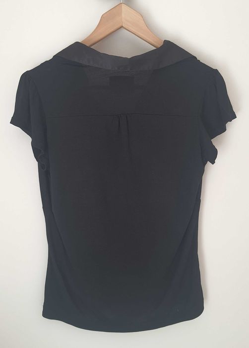 elegancka bluzka czarna dekolt w serek koronka guziki kołnierzyk 42/XL