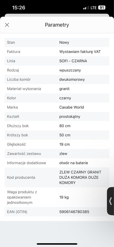 Sprzedam nowy zlew granitowy w kolorze czarnym 80 x 50 cm