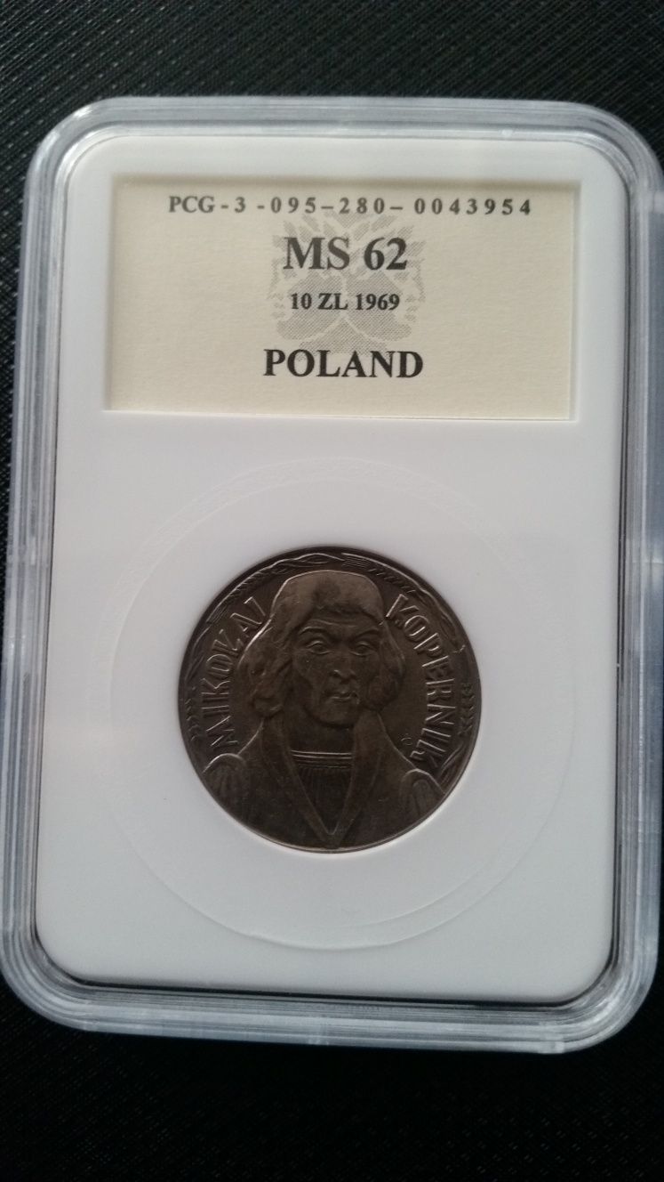 Moneta PRL 10 złotych 1969 granding PCG MS 62