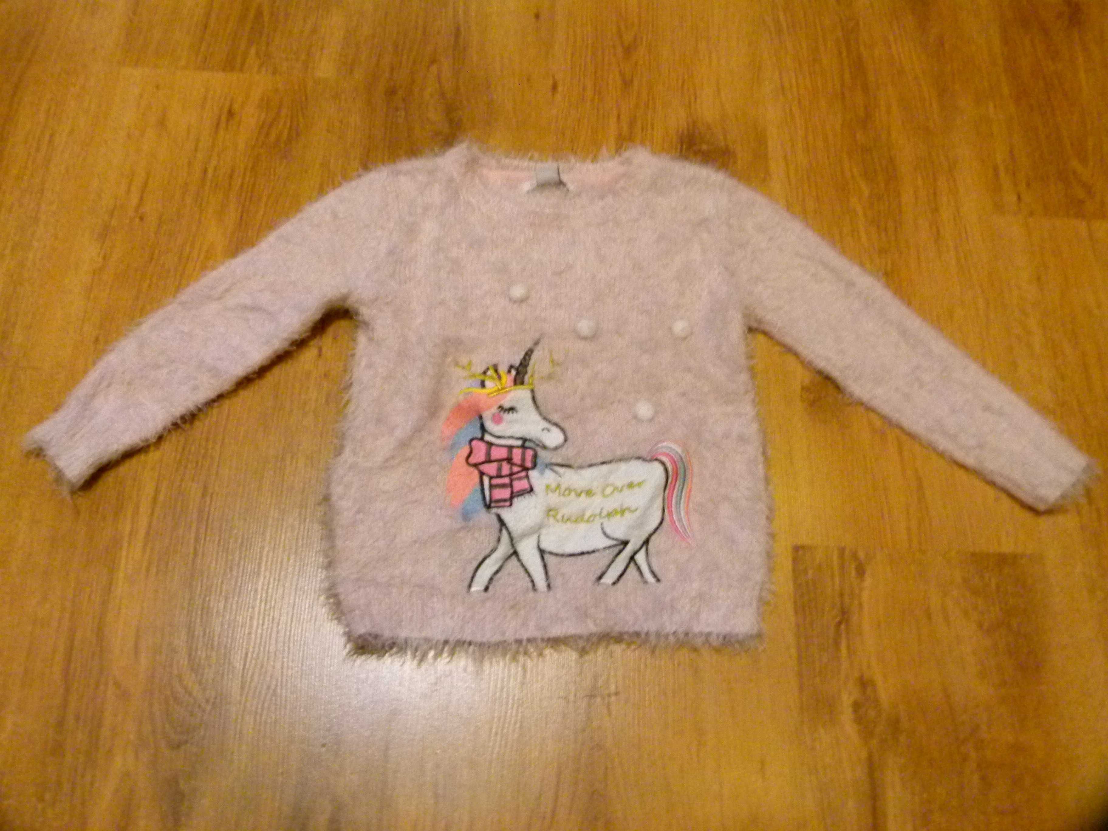 rozm 116 Primark Unicorn sweter włochaty pudrowy róż święta Mikołaj