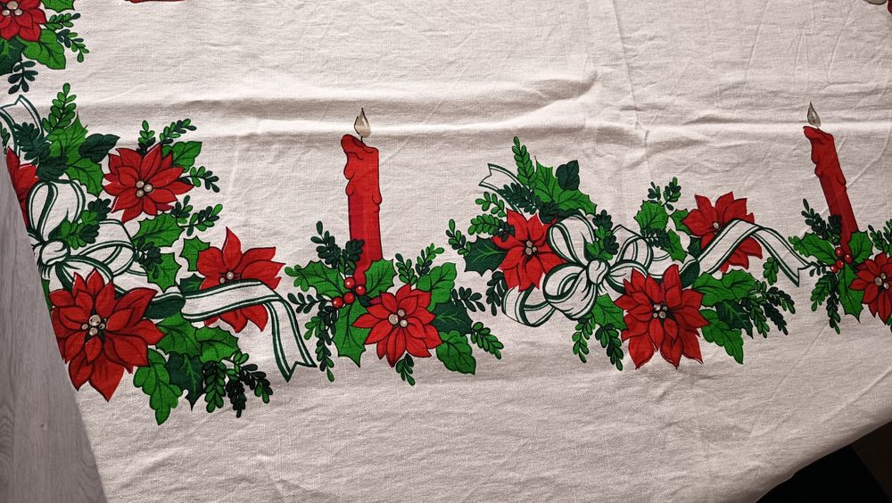 Vintage Obrus lniany 120x140 ze świątecznym motywem