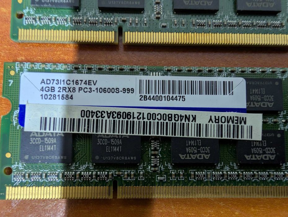 2x Pamięć RAM ADATA 4GB PC3-10600S DDR3 SO-DIMM 1333MHz