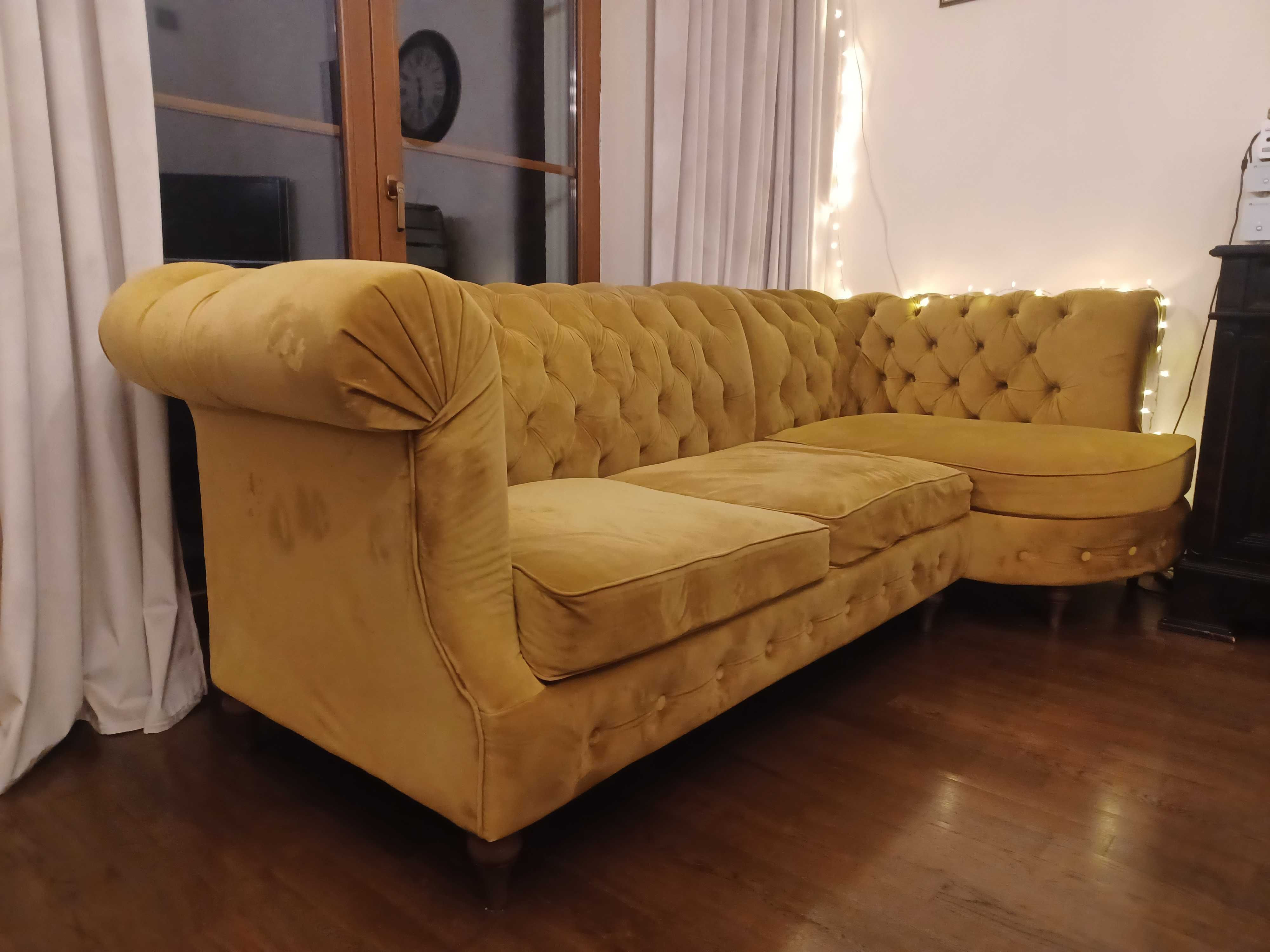 Chesterfield Złoto-musztardowe meble: Sofa + fotel