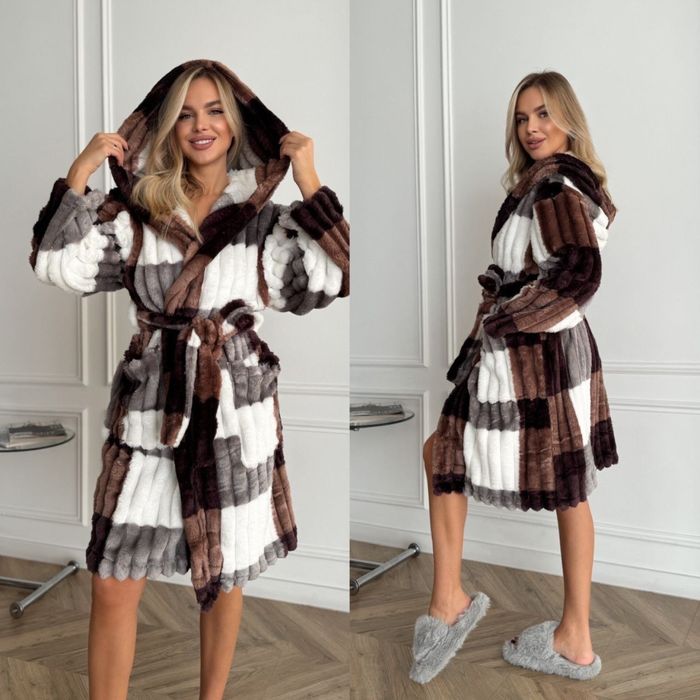 ХИТ! Женский махровый халат шарпей S-XL клетчатый с капюшоном и поясом