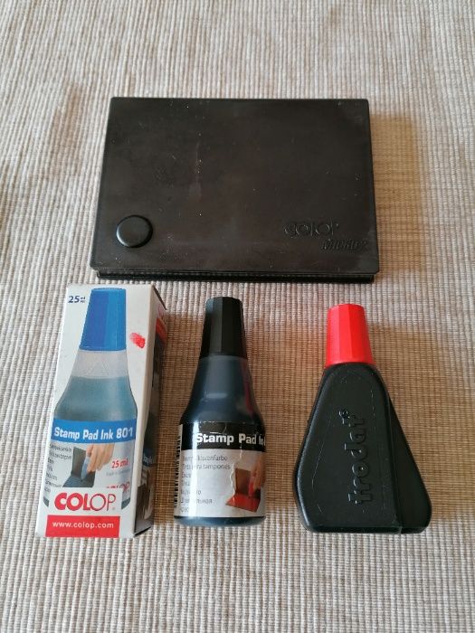 Conjunto de 5 carimbos de escritório, almofada+tinta (Preta,Azul,verme