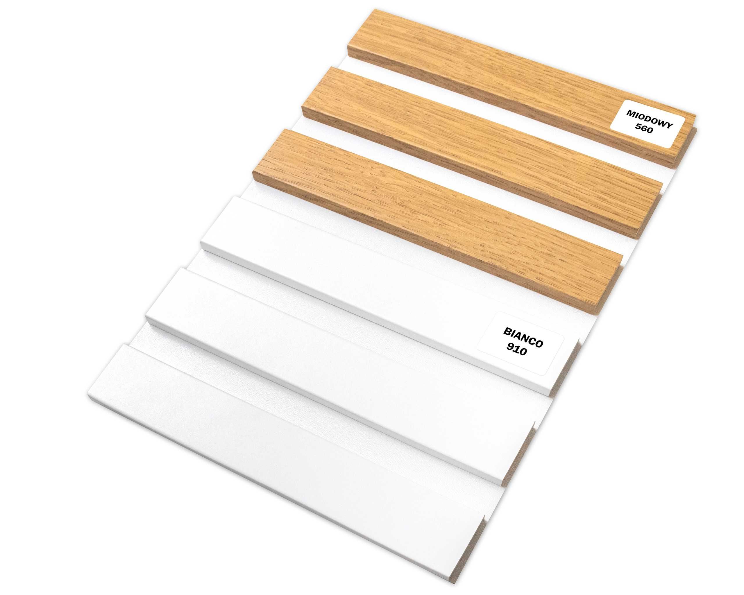 Lamele ścienne na białej płycie HDF - 275 cm x 59,5 cm - Dąb i inne