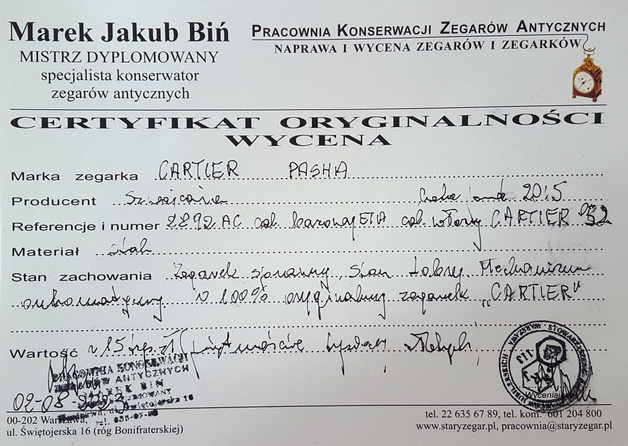 Szwajcarski zegarek CARTIER Pasha - Automat nie używany - 2015 rok