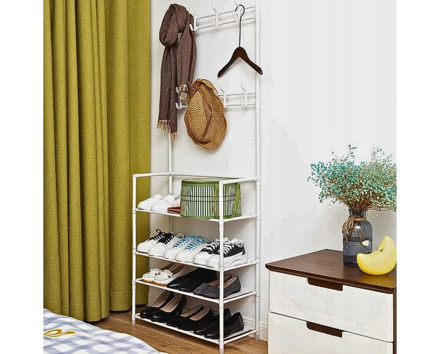 NOWY Stojący wieszak na ubrania buty regał z półkami biały  półka