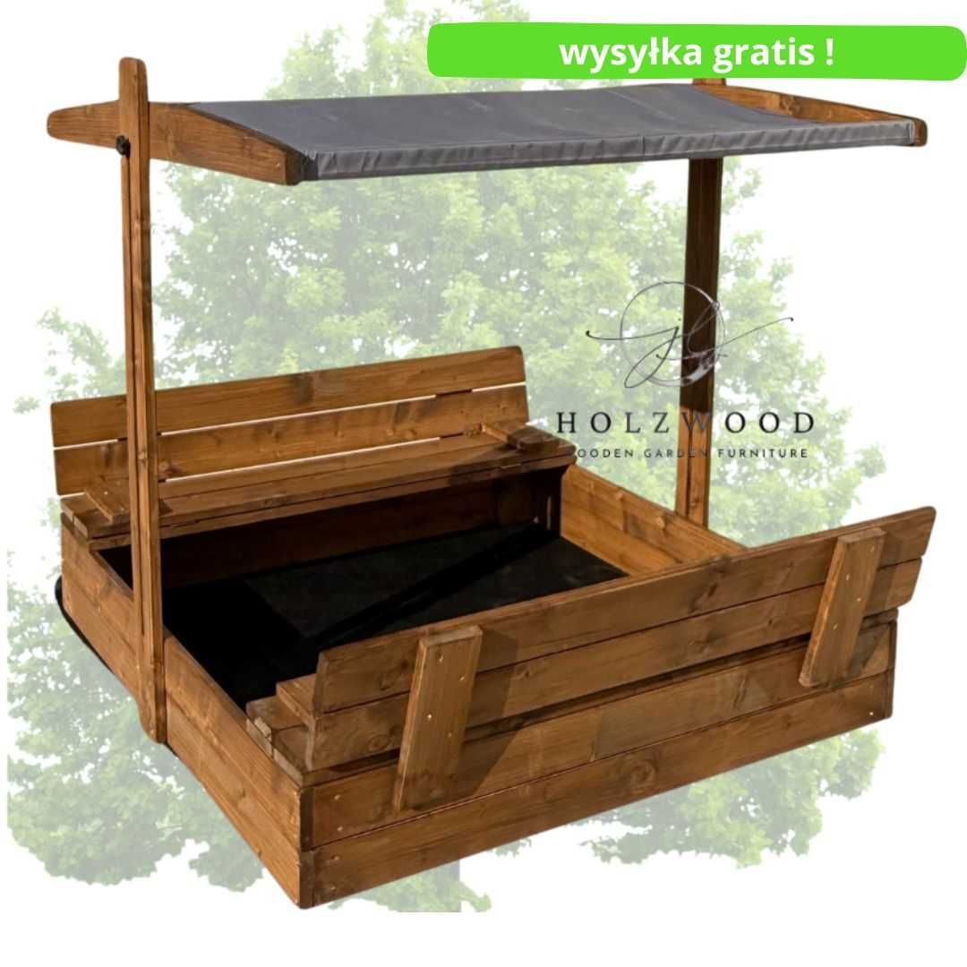 drewniana piaskownica z daszkiem, parasolem i ławeczkami- producent
