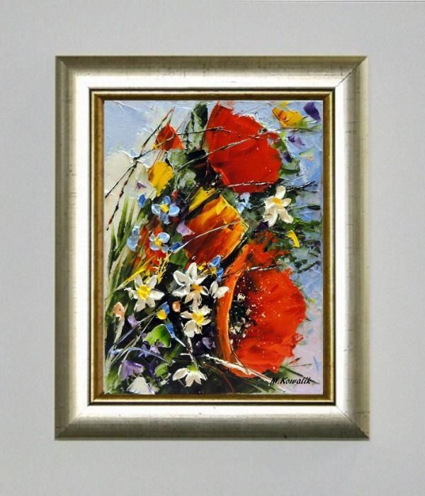 Bukiecik - Obraz olejny 18x24cm kwiaty bukiet maki