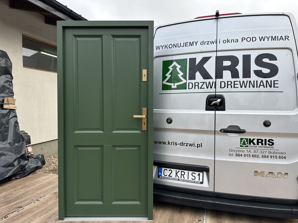 Drzwi zewnętrzne drewniane zielone Czyste powietrze montaż cała POLSKA