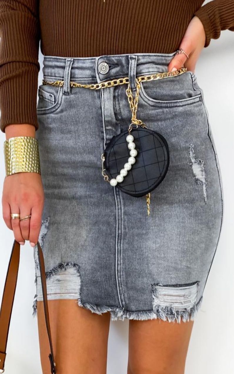 Jeansowa elastyczna spódnica z wysokim stanem saszetka L 40 szara