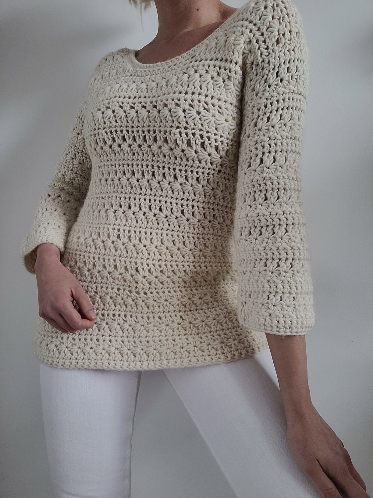 Gruby kremowy wełniany sweter boho 100% wełna handmade
