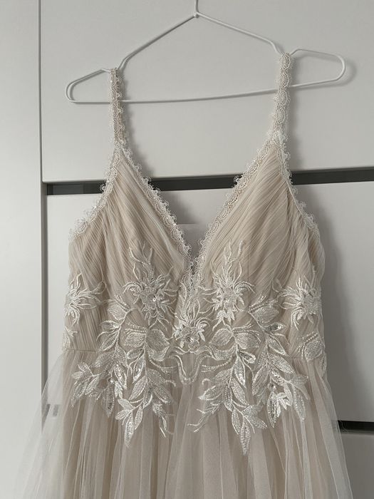 Nowa suknia slubna koronka beż ecru prosta rustykalna L 40