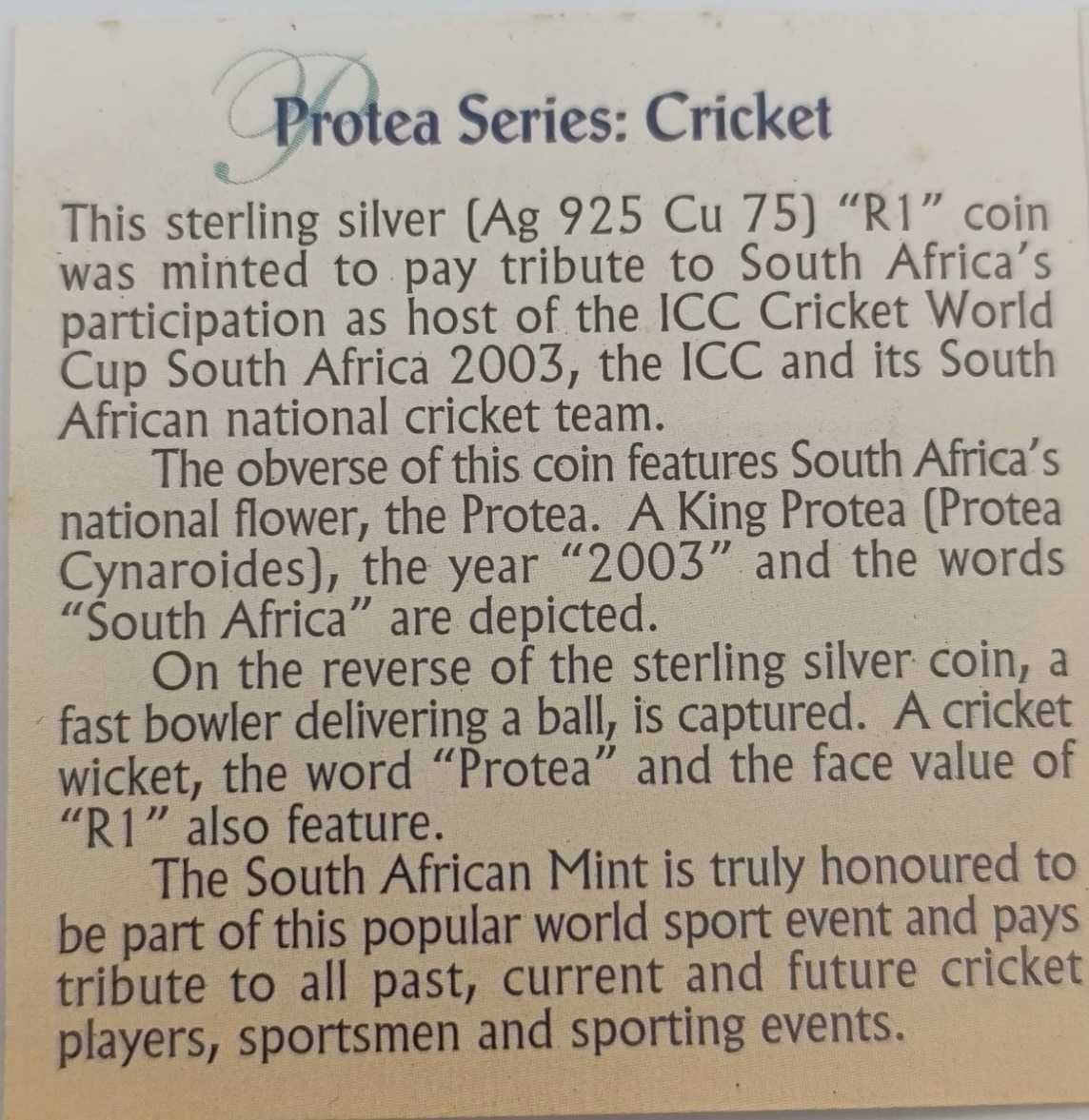 Moeda de prata protea Cricket R1 proof de 2003 da RSA (Reservado)