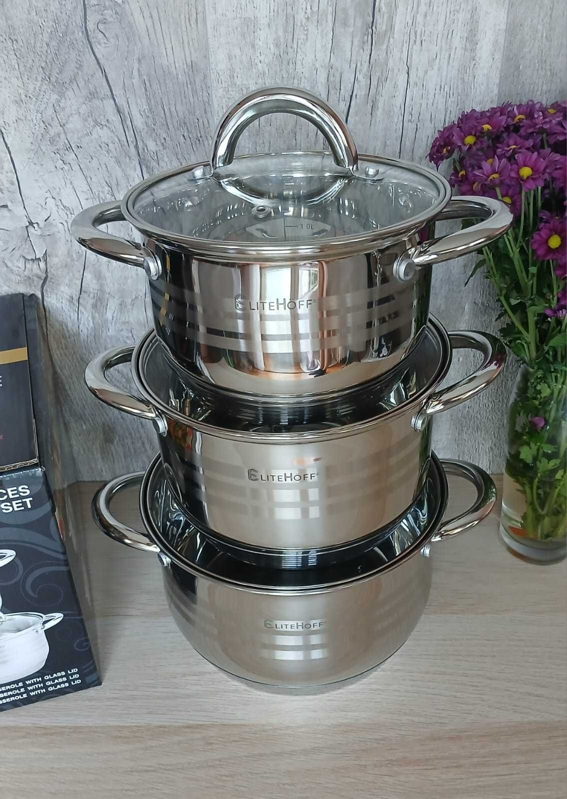 Garnki EliteHoff 6 elementów zestaw 3 garnków 18/20/22 cm na indukcję