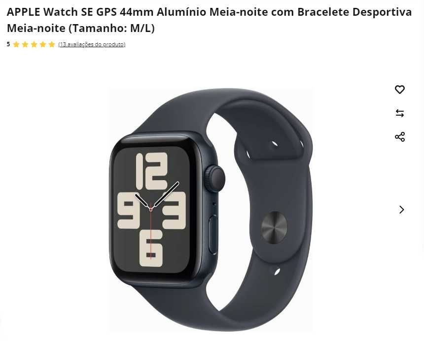 APPLE Watch SE GPS 44mm  com Bracelete Desportiva  (Tamanho: M/L)