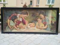 Przedwojenny obraz oleodruk rodzina duży 128 x 59 cm