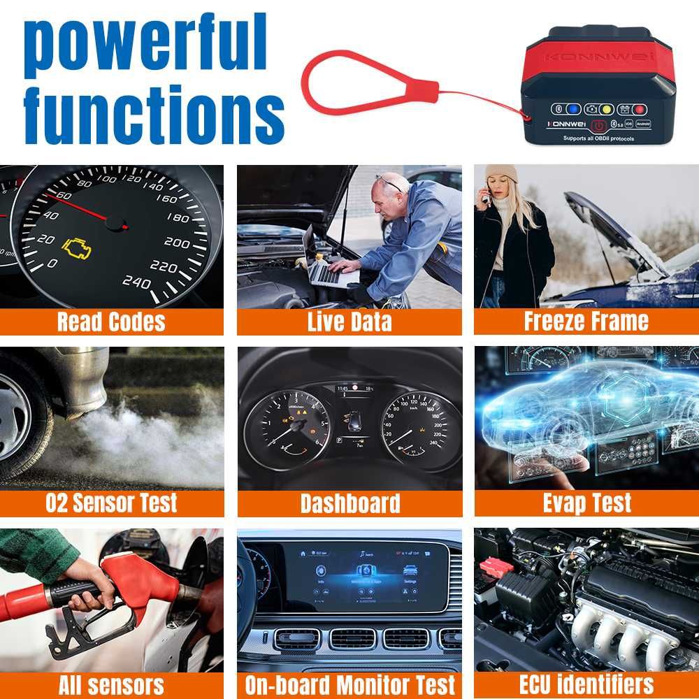 Interfejs Konnwei KW905 Czerwony ELM327 OBD2 Bluetooth 5.0 ANDROID iOS