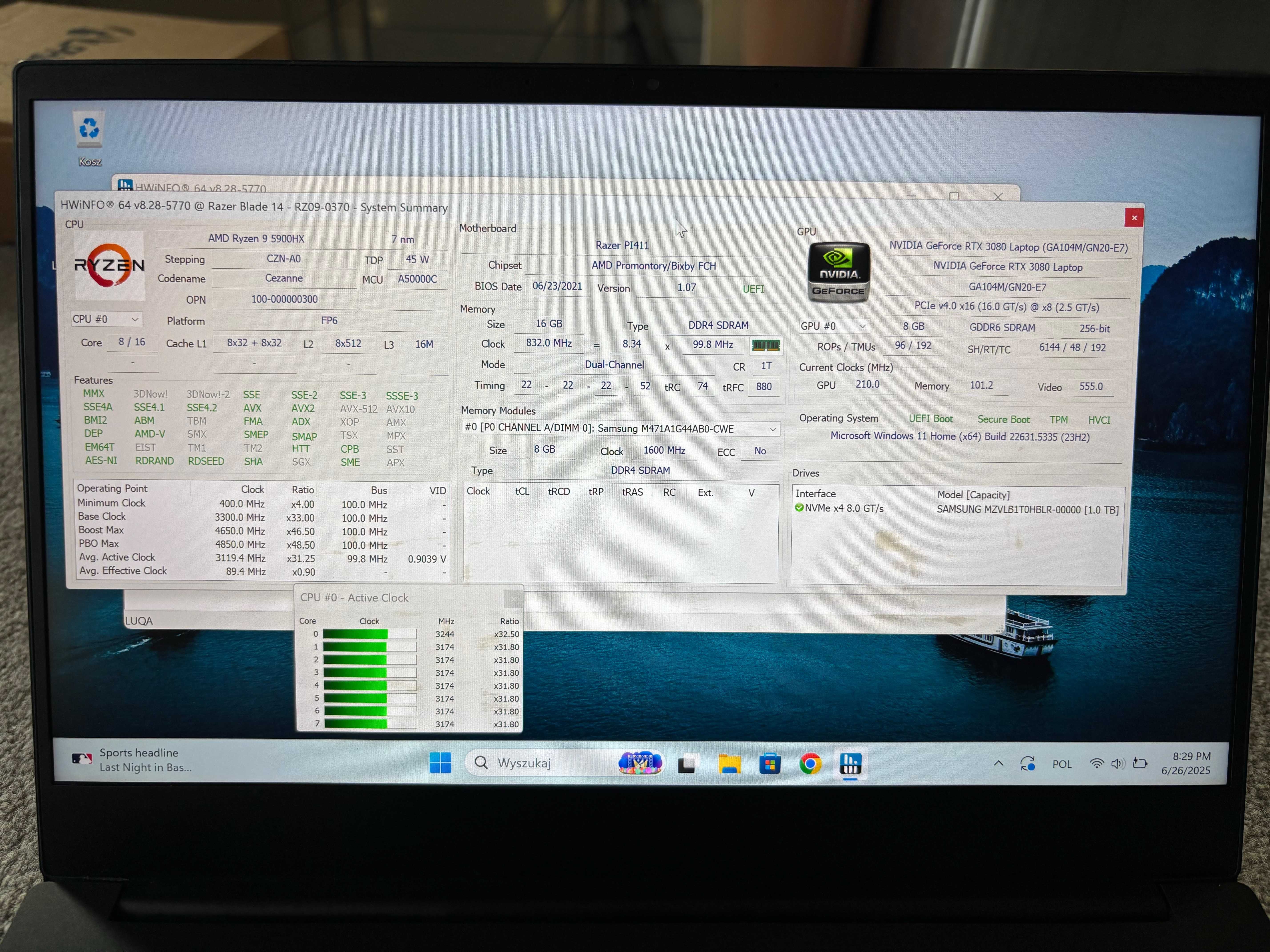 Razer Blade 14, Ryzen 9 5900HX, RTX 3080, 16GB, 1TB NVMe, QHD 165 Hz