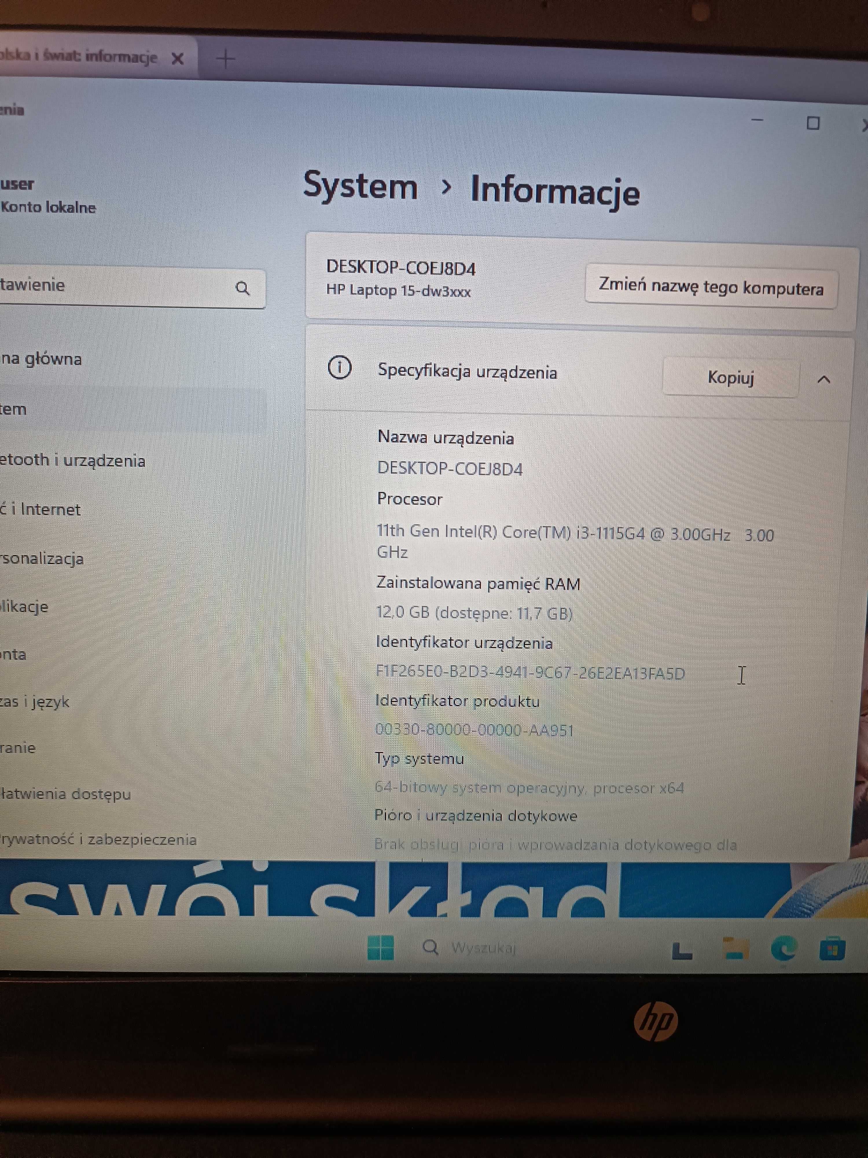 Laptop HP 15s i3-1115G4 3.0 Ghz/ 12/256 GB SSD Win11 Pro, Full HD