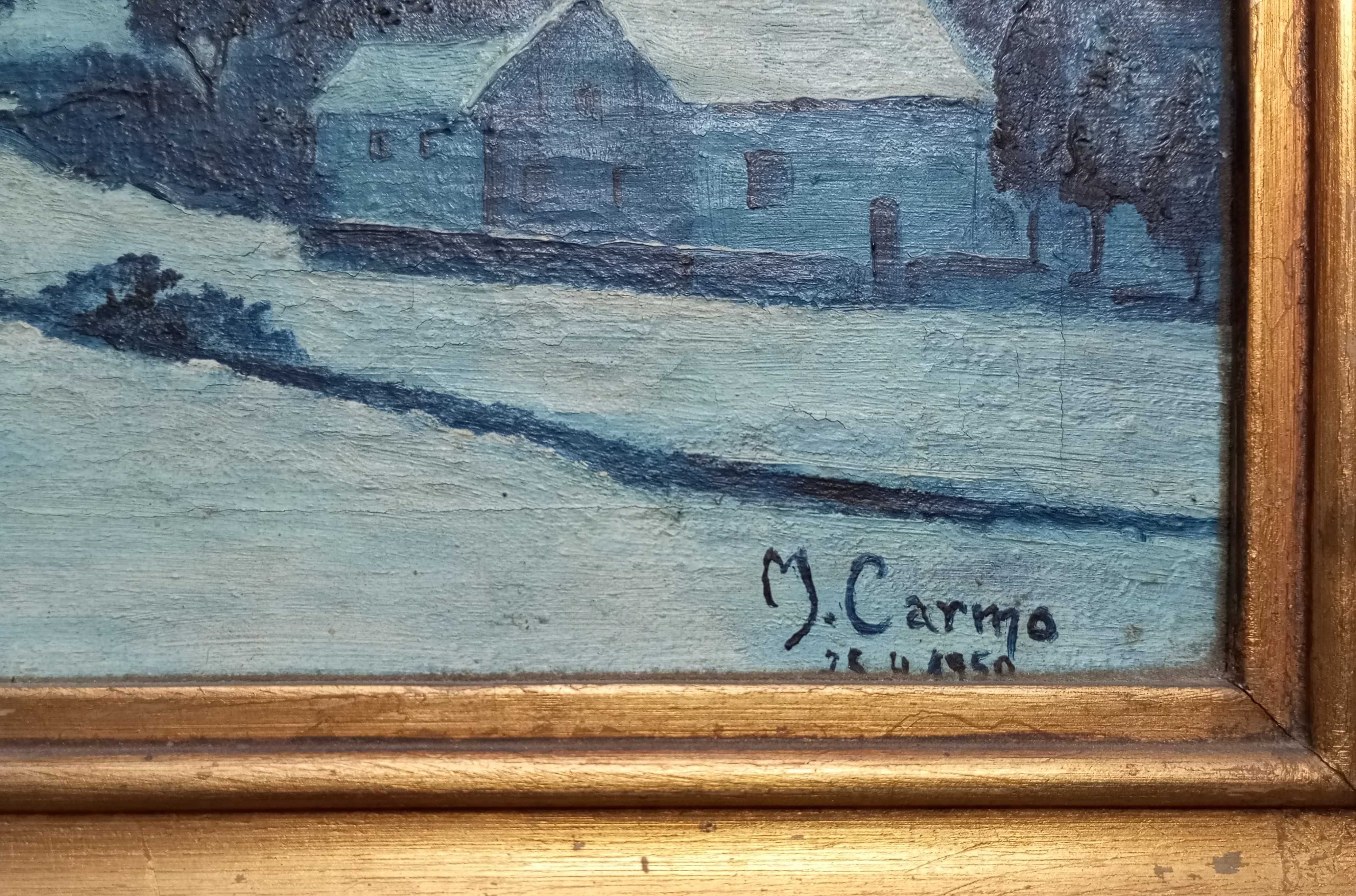 Quadro a óleo Paisagem com casas 1950 assinado
