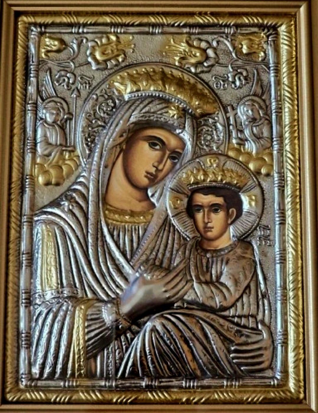 Ikona w kiocie GRECKA na desce Matka Boska z Dzieciątkiem Jezus.
