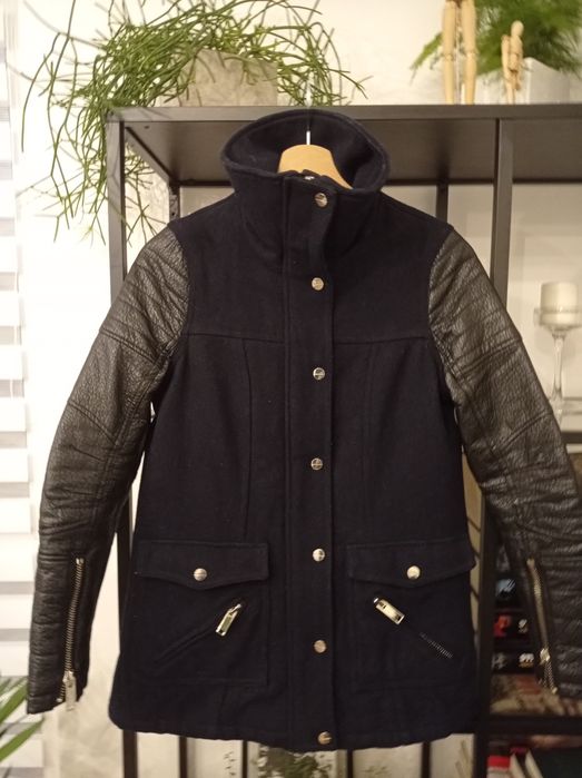 Kurtka River Island skórzane rękawy futrzany kołnierz rozmiar UK 6