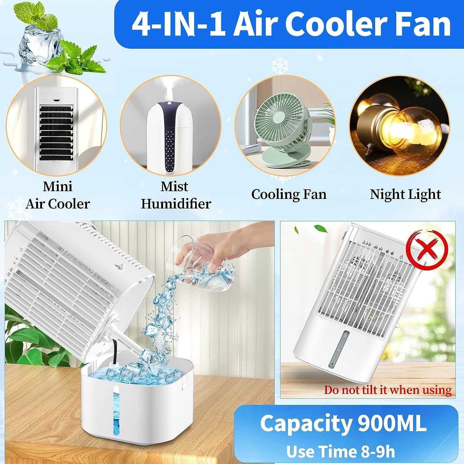 Mini Przenośny klimatyzator, oscylacyjny wentylator biurkowy 90 °