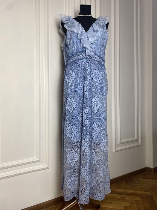 Sukienka długa maxi niebieska koronkowa 42 XL boho na wesele okazje