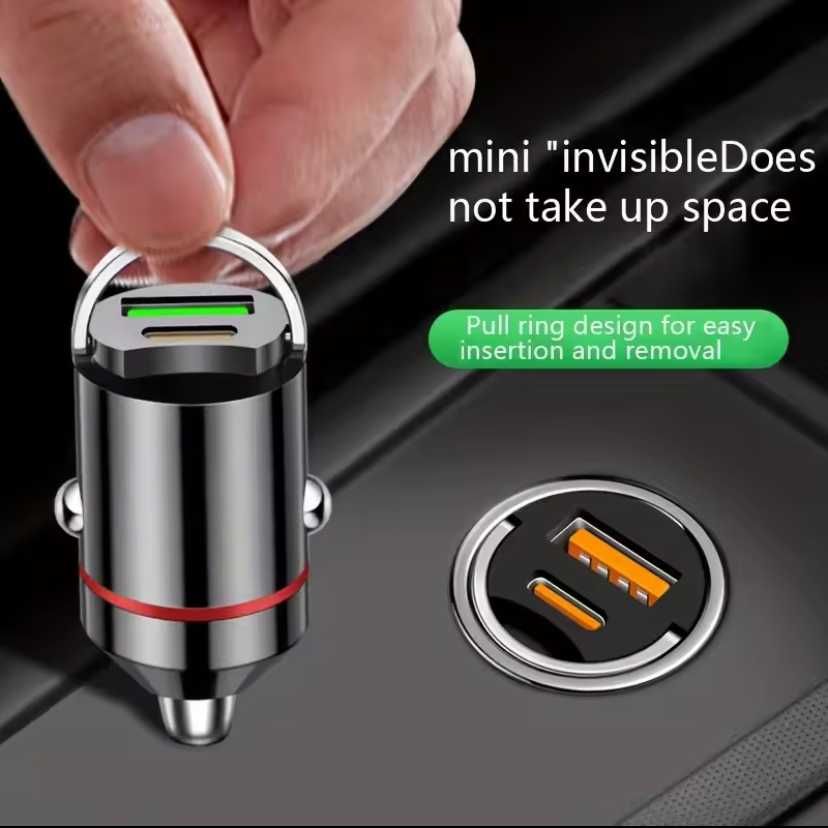 Mini carregador de isqueiro Fast charging com 2 entradas (USB + USB-C)