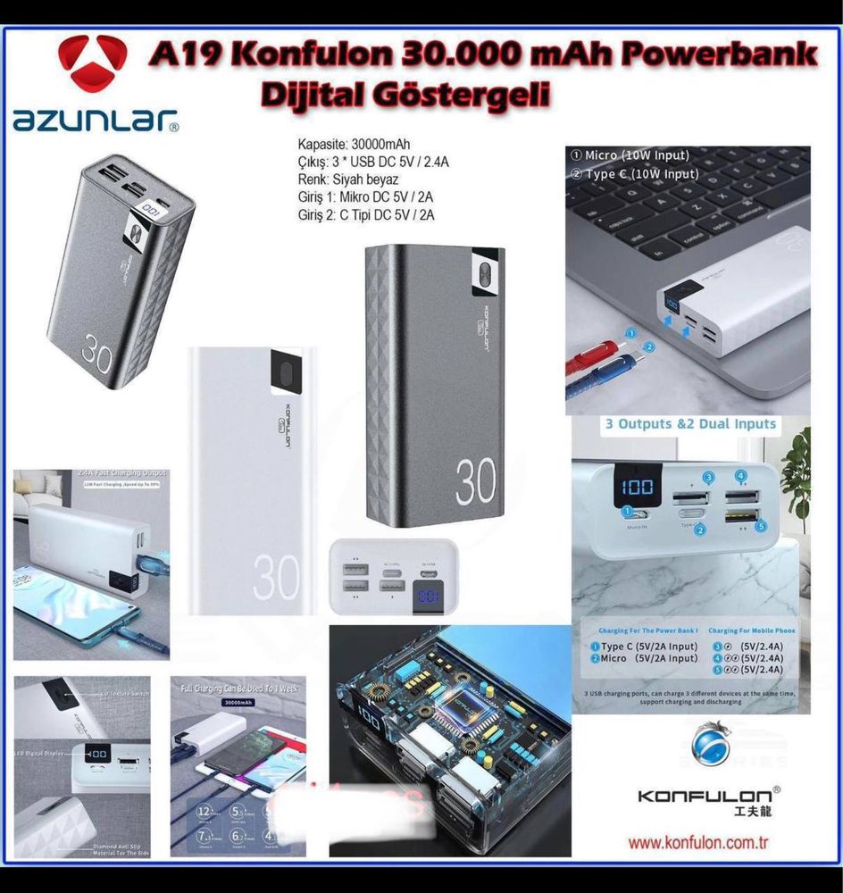 Мощный Powerbank с быстрой зарядкой Konfulon A19 30000mah