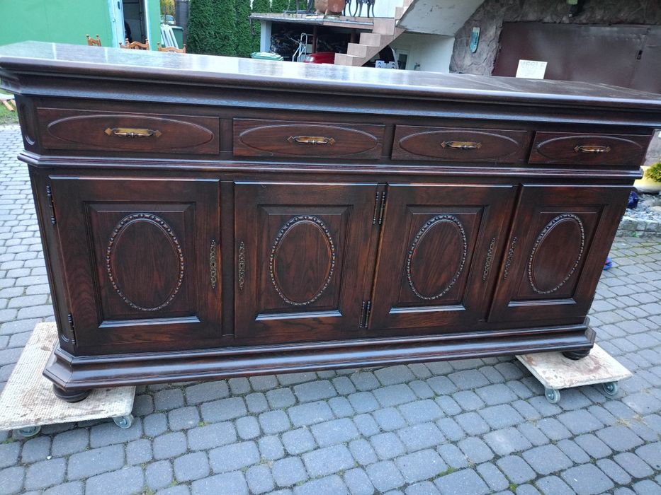 Komoda,witryna,duże lustro w ramie dębowej