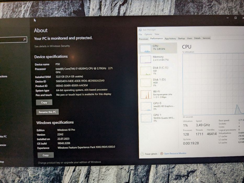 Lenovo P50, i7 6820hq, 3.6 GHz, 8 ядер, 32 Gb RAM, Nvidia M1000M