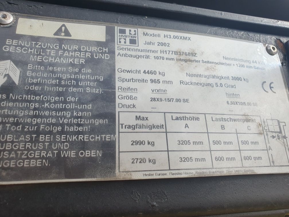 Wózek widłowy Hyster 3T gaz 2002r. przesuw boczny 5m podnoszenia