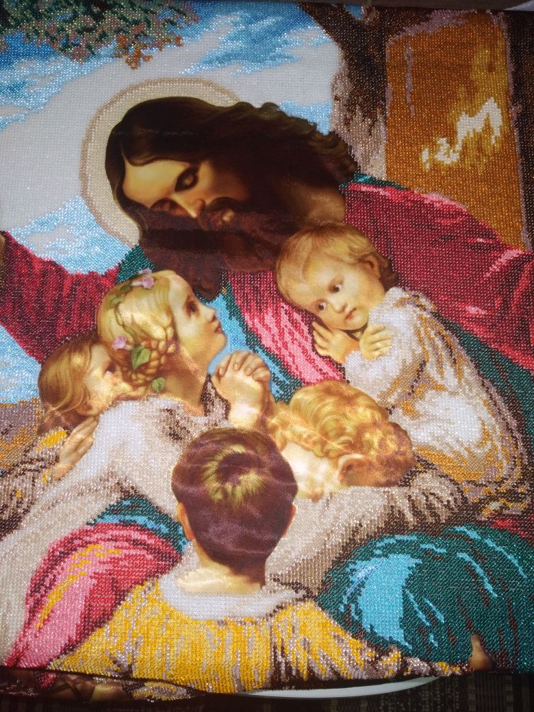 Продам образ "Ісус і діти",вишитий бісером ,розмір 63×77.