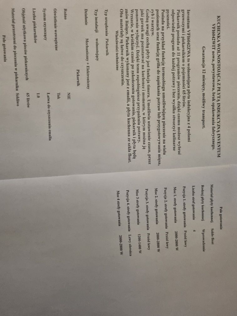 Kuchenka wolnostojąca z płytą indukcyjną INVENTUM VFI6042WIT
