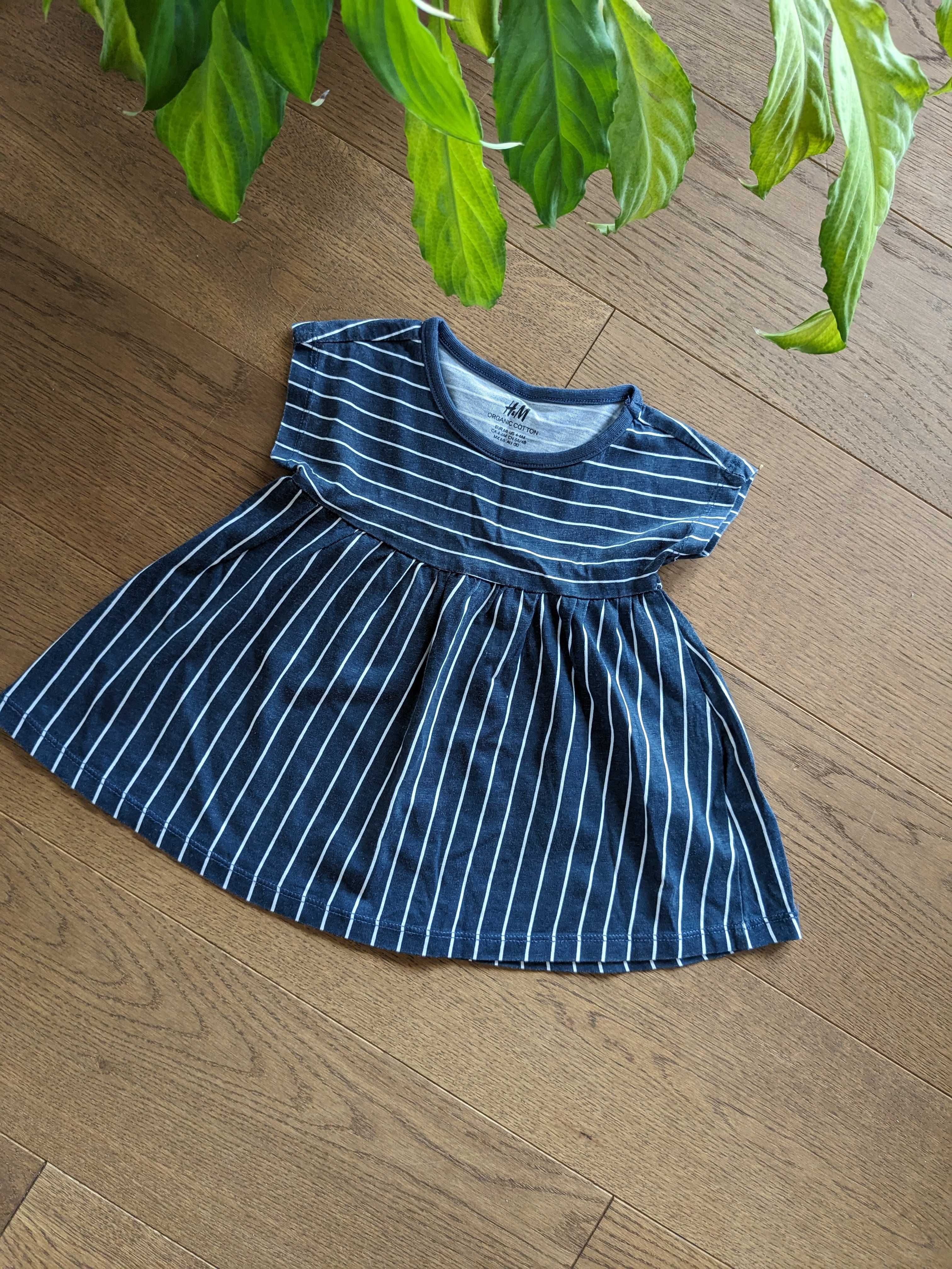 Sukienka H&M 68 krótki rękawek tunika granatowa w białe paski,bawełna