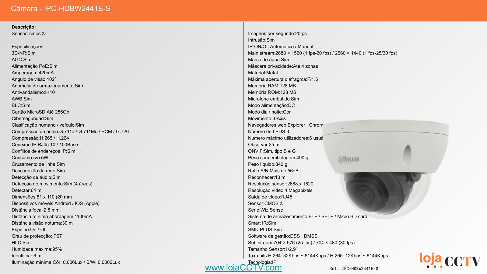 Videovigilância com fios (PoE) 8 Câmaras Mini-Dome 4 mpx, Dahua