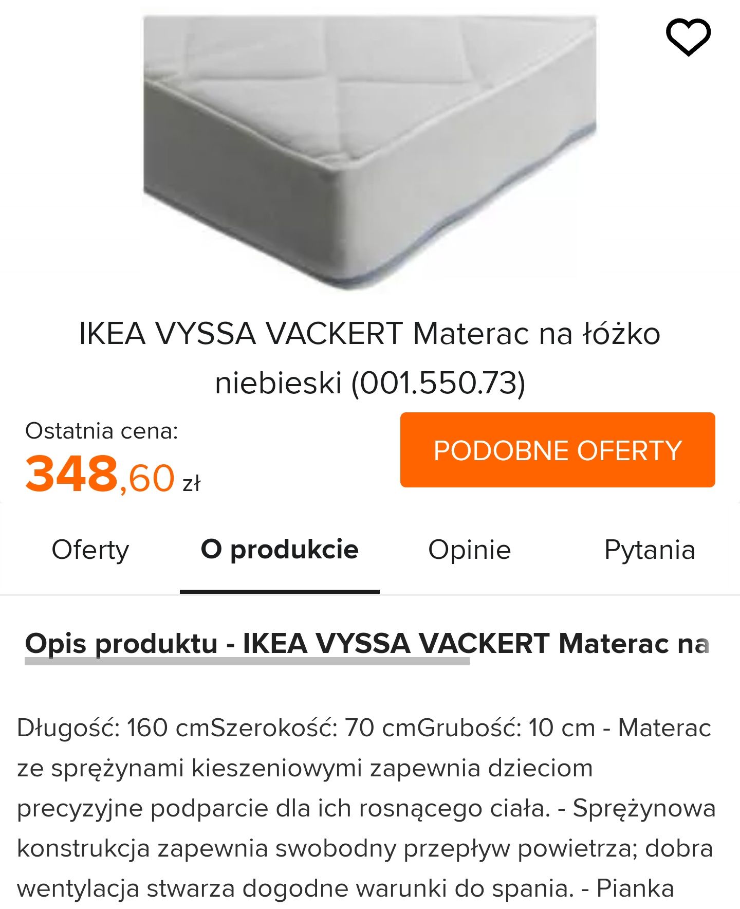 Materac Ikea Vyssa 70x160 cm