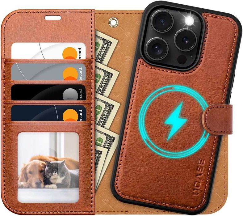 OCASE skórzane etui iPhone 16 Pro Max portfel jasny brązowy 2w1+ pasek